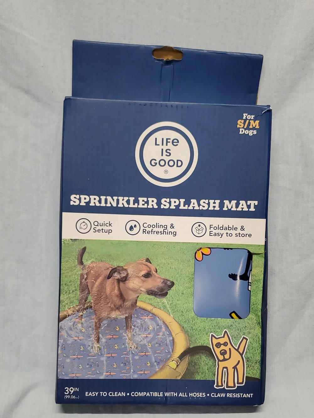 Life Is Good Blue and Yellow Sprinkler Splash Mat for Dogs